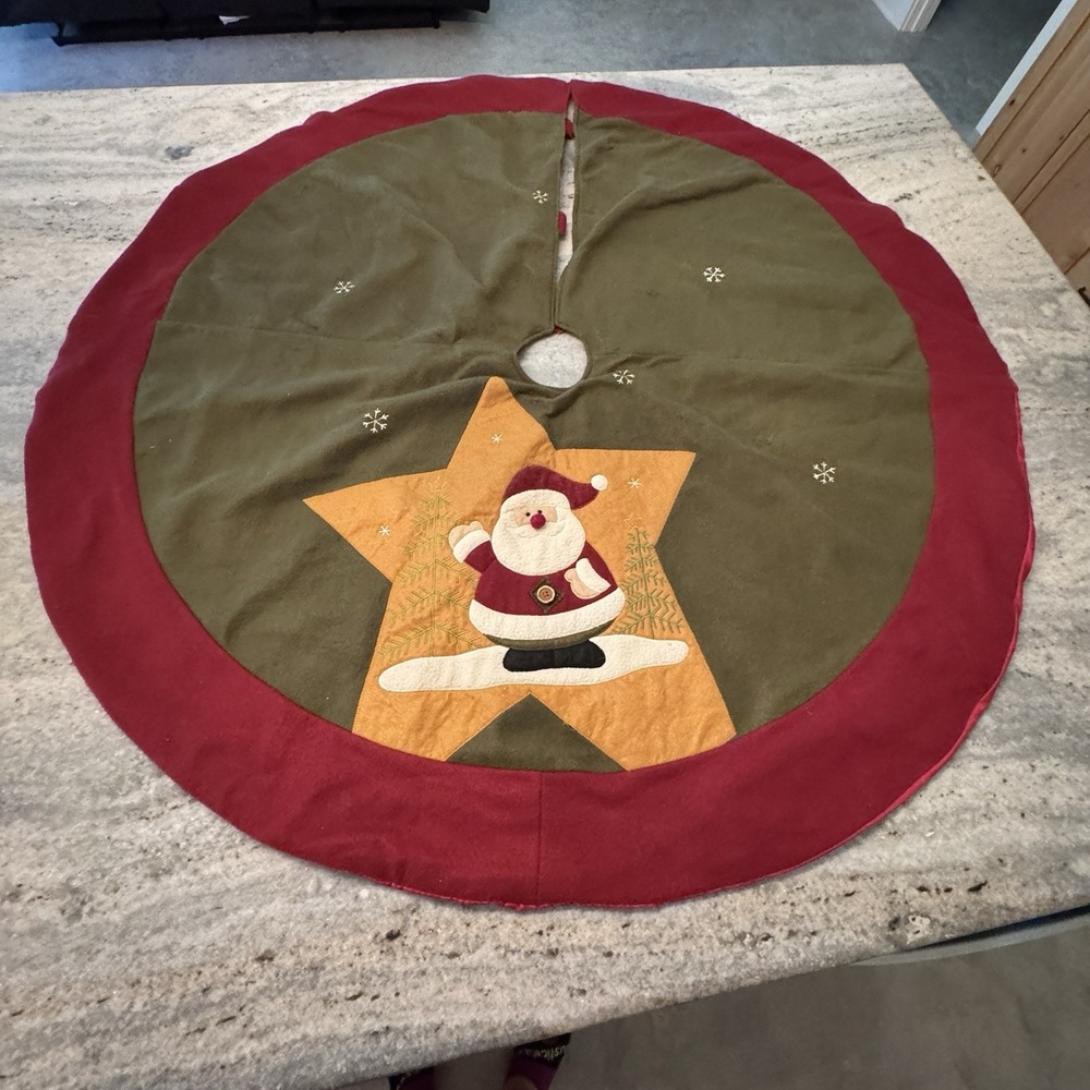 VTG 90s Christmas Tree Skirt Felt 48" Stitched Santa Star Green Red Trim Snow